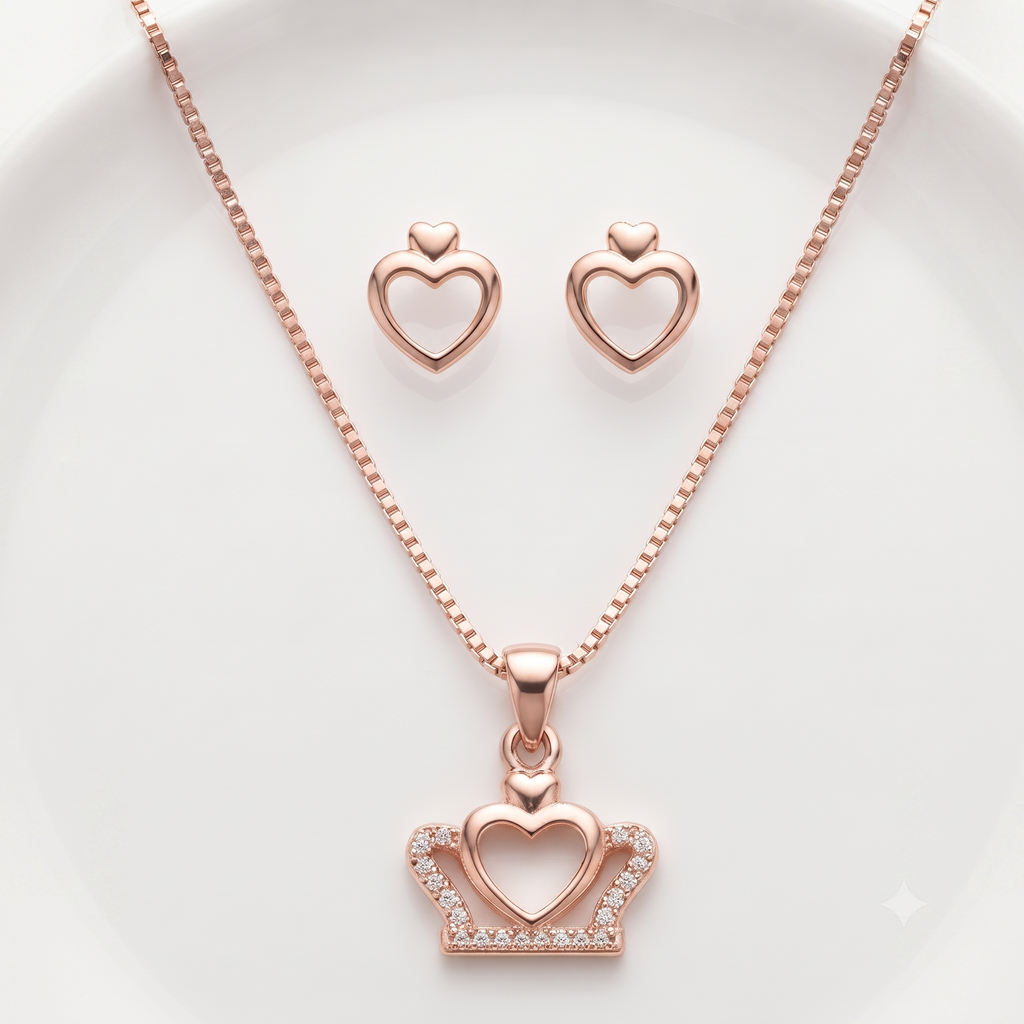 Rose Gold Heart Crown Necklace & Earrings Set