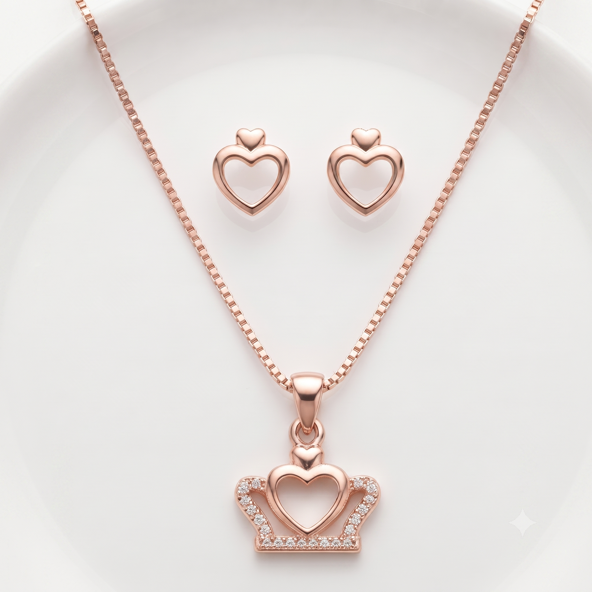 Rose Gold Heart Crown Necklace & Earrings Set