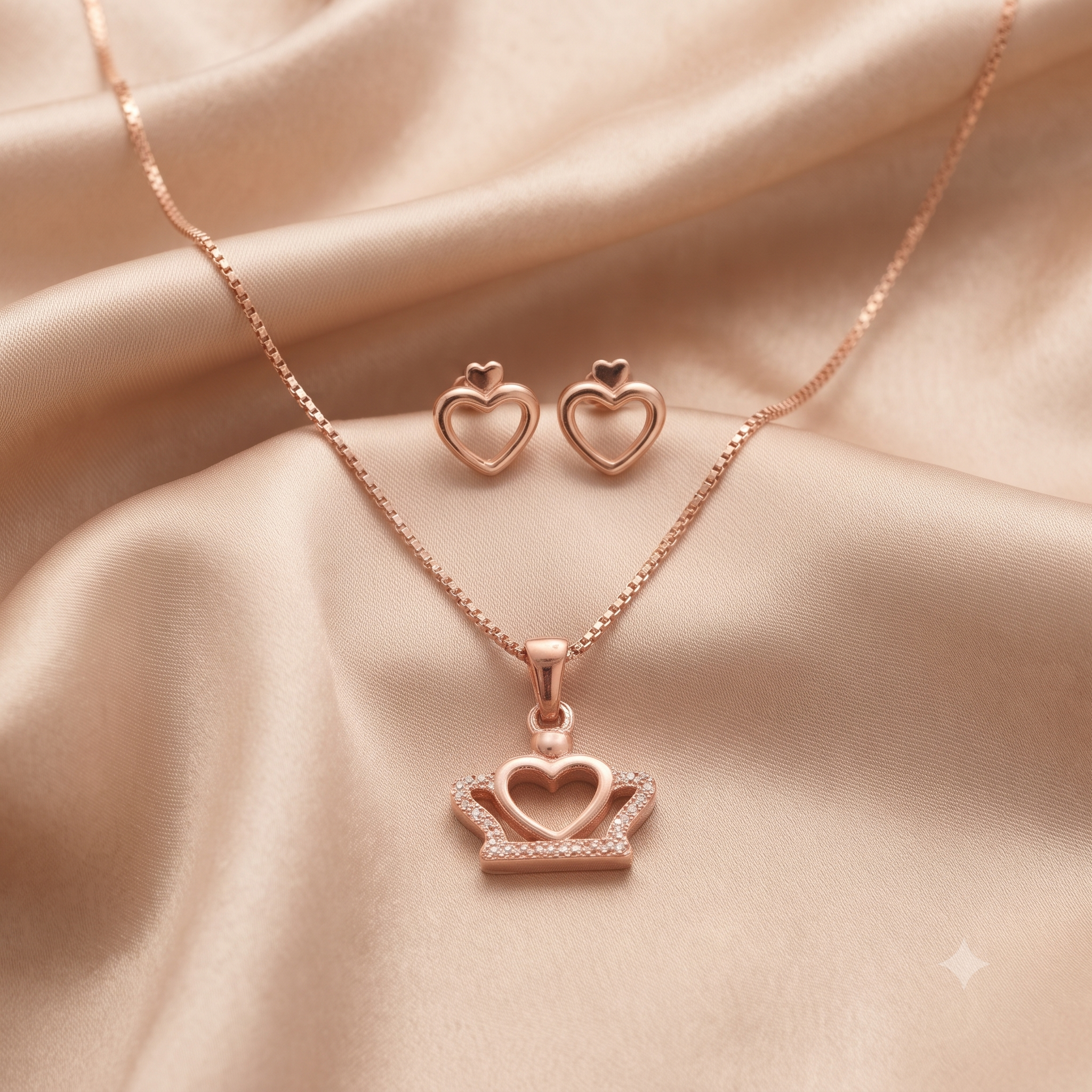 Rose Gold Heart Crown Necklace & Earrings Set