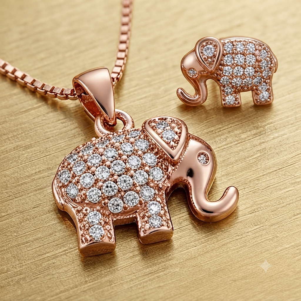 Rose Gold Elephant Stone‑Studded Pendant Set