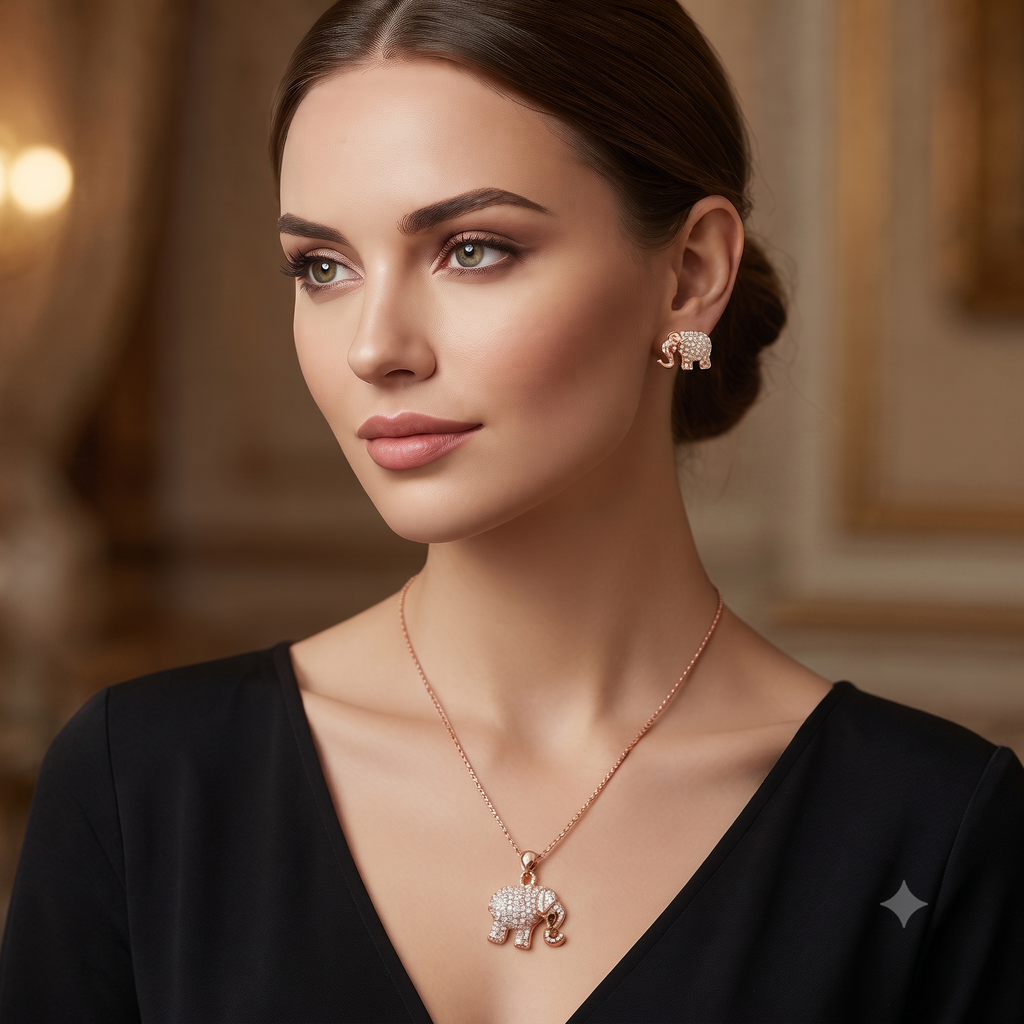 Rose Gold Elephant Stone‑Studded Pendant Set
