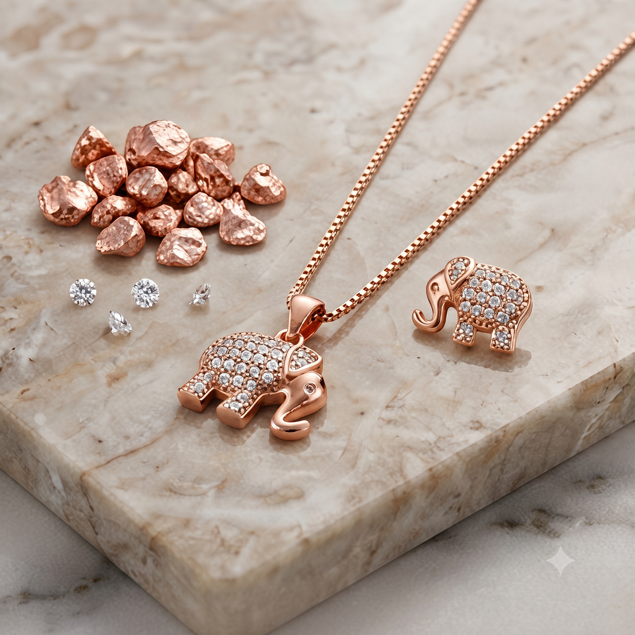 Rose Gold Elephant Stone‑Studded Pendant Set