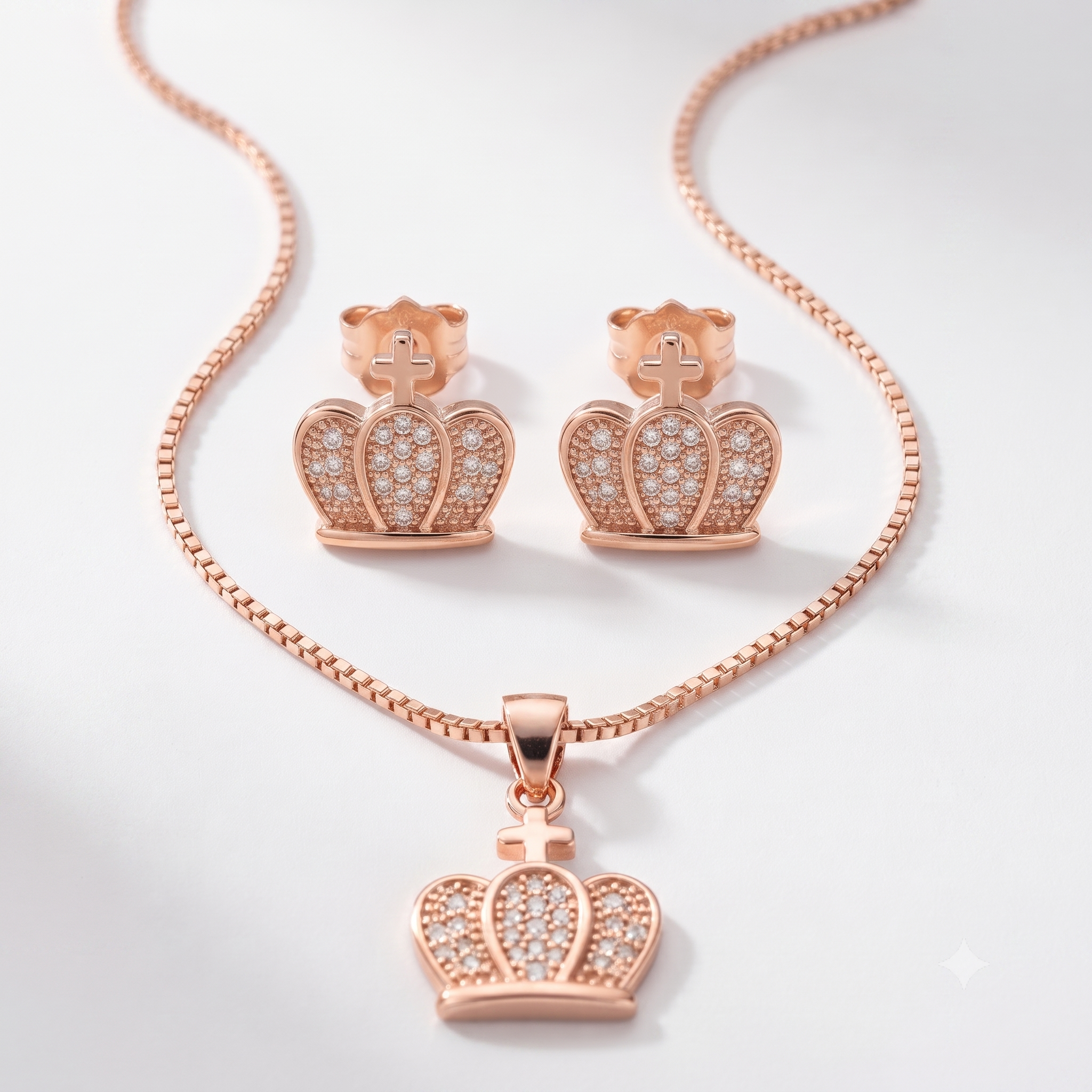 Rose Gold Crown Necklace & Earrings Set