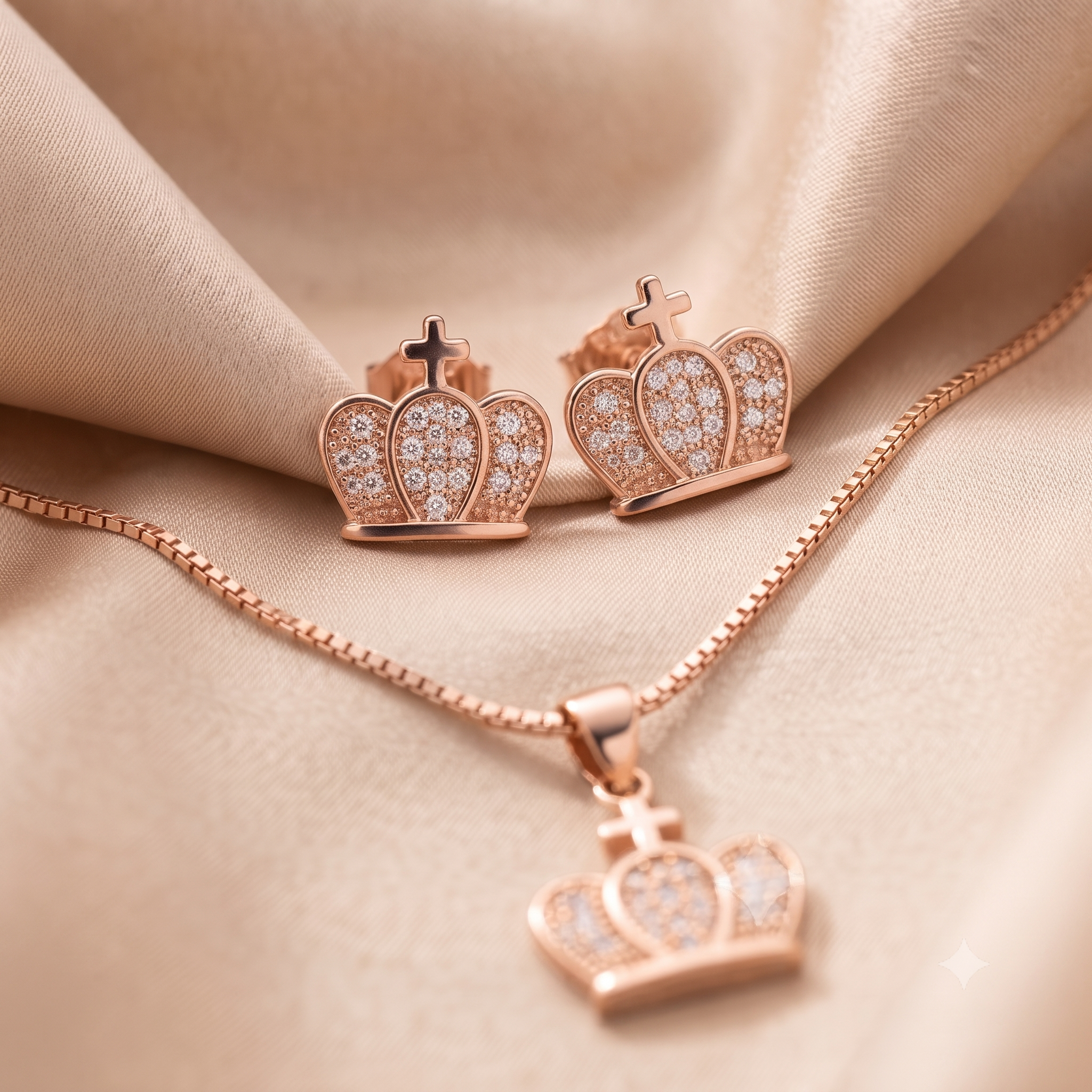 Rose Gold Crown Necklace & Earrings Set