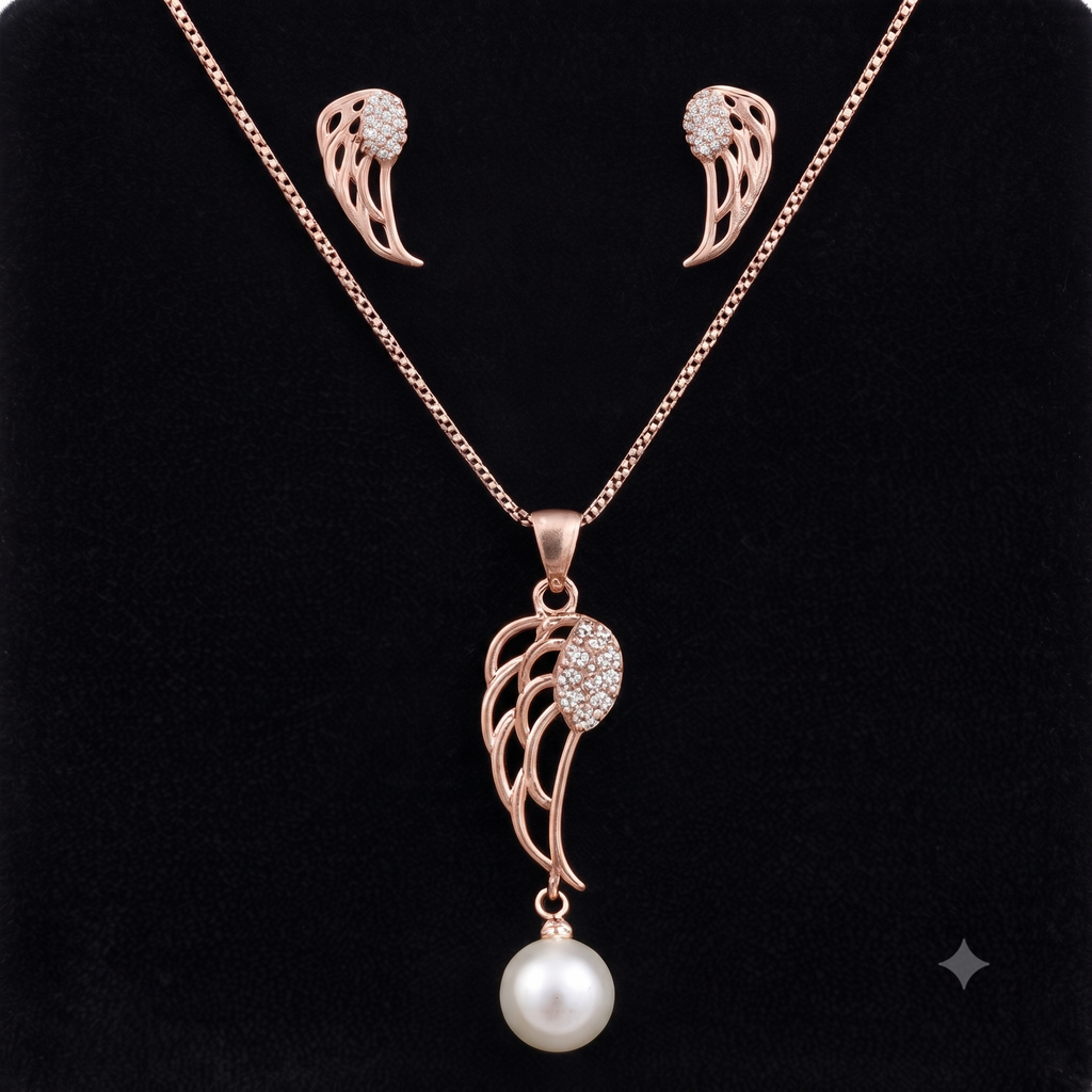 Rose Gold Pearl Drop Stone studded pendant set