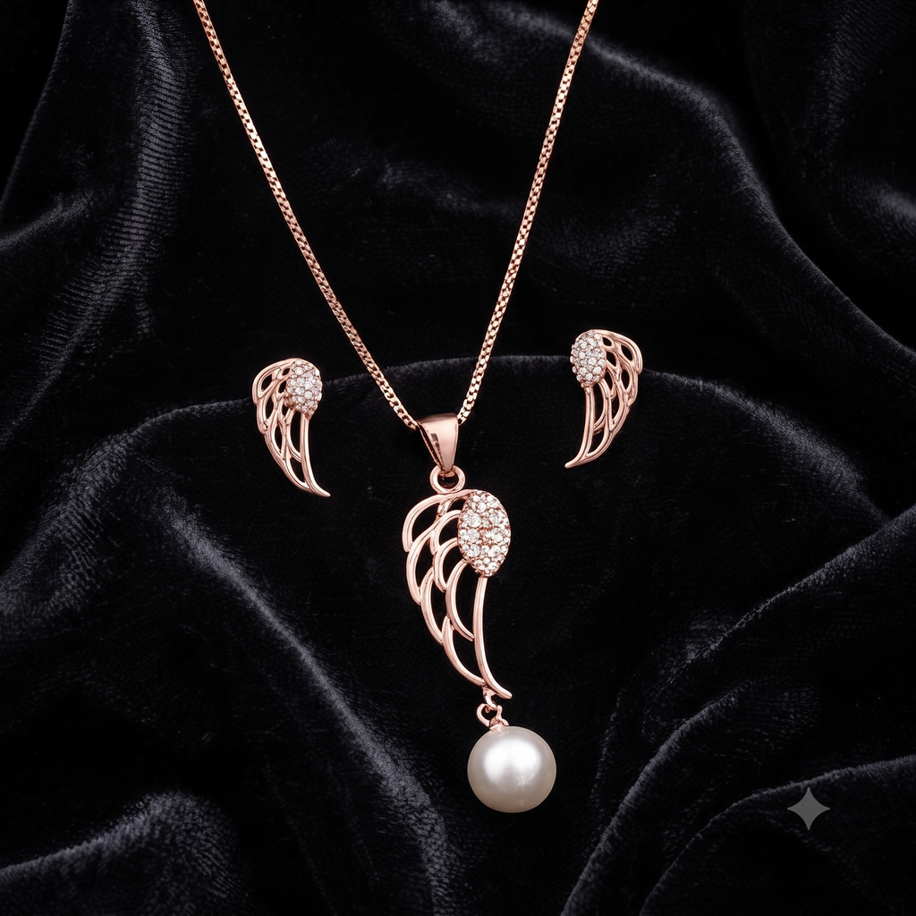 Rose Gold Pearl Drop Stone studded pendant set