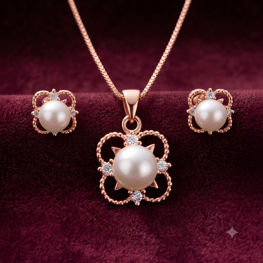 Vintage Filigree Rose Gold Pearl Jewelry Set