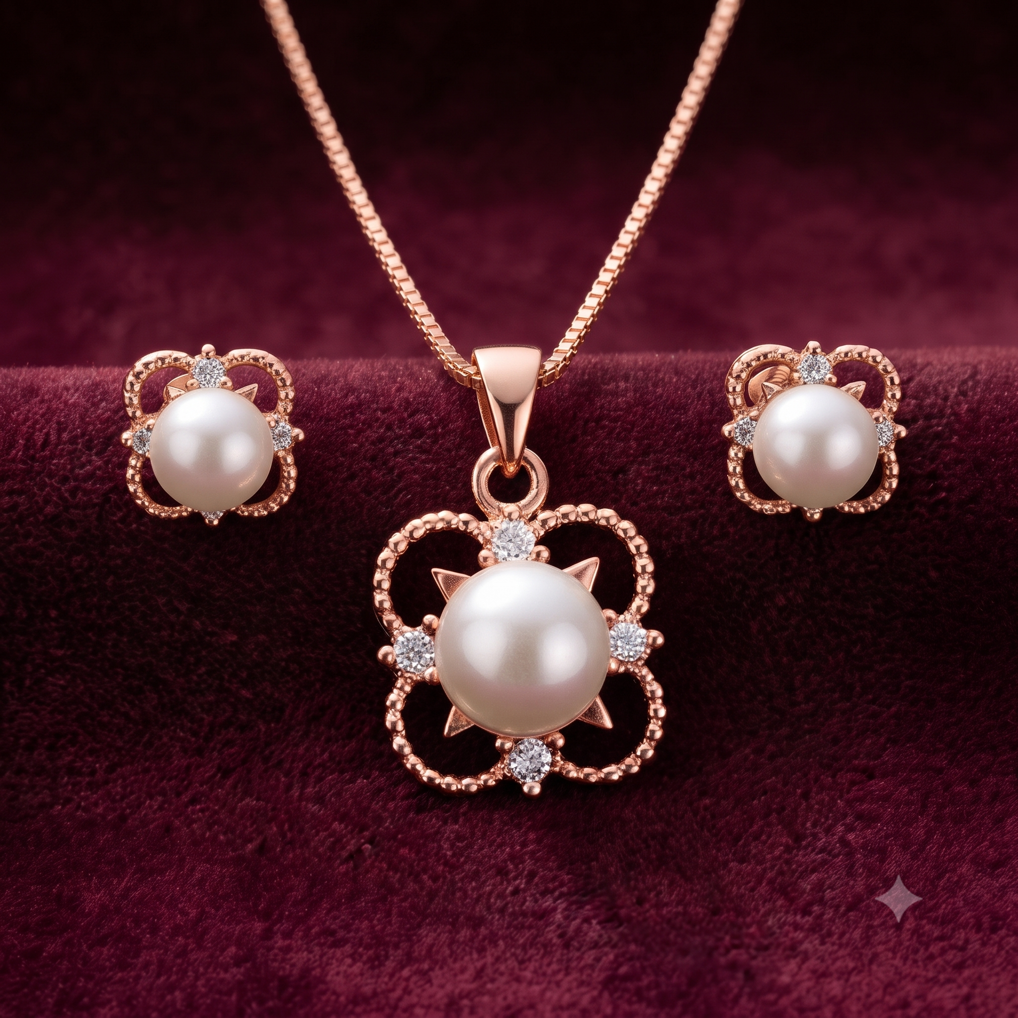 Vintage Filigree Rose Gold Pearl Jewelry Set