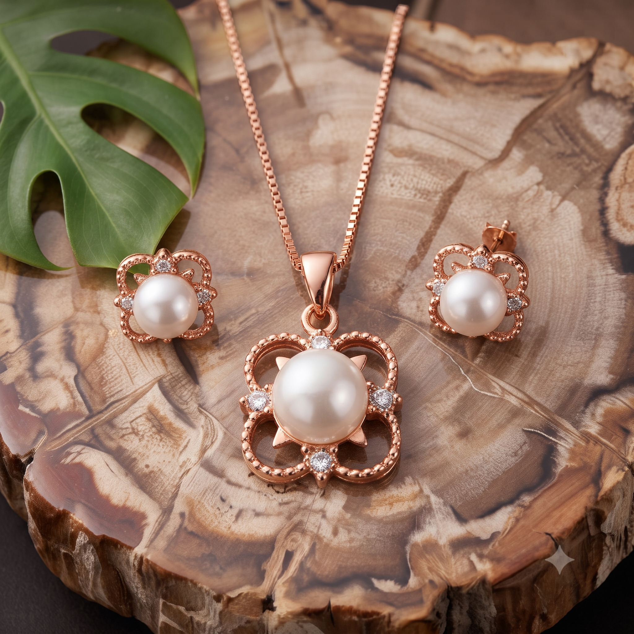 Vintage Filigree Rose Gold Pearl Jewelry Set