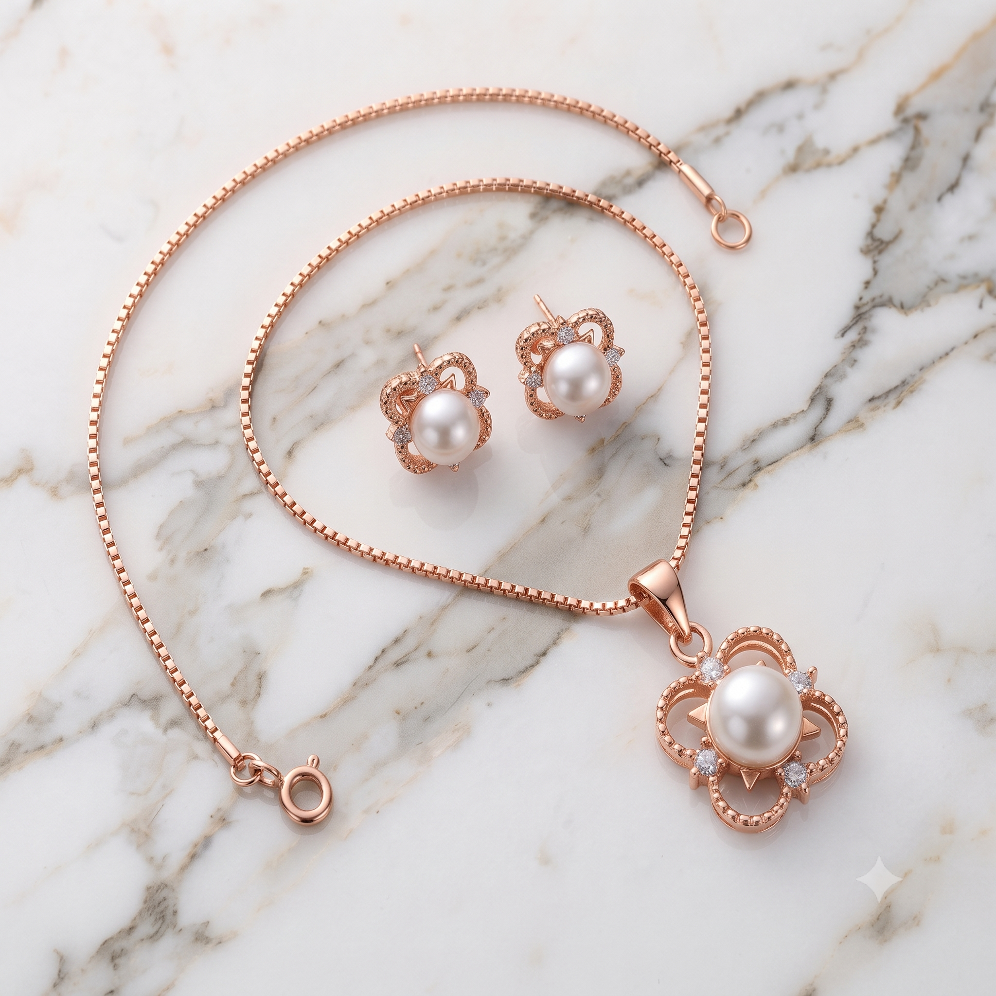 Vintage Filigree Rose Gold Pearl Jewelry Set