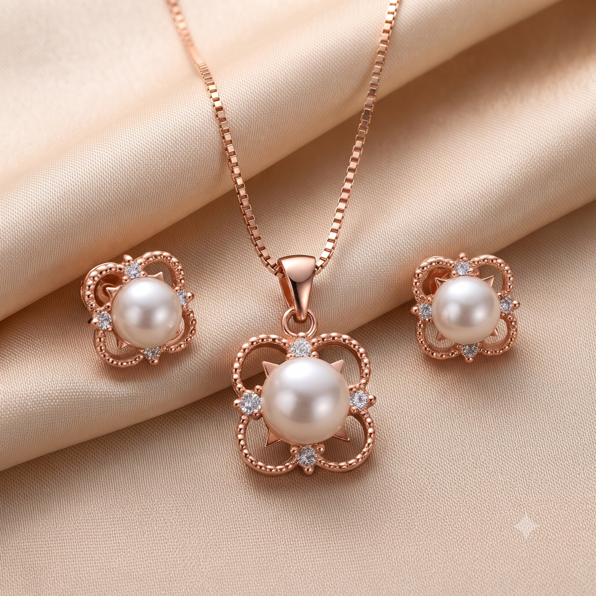 Vintage Filigree Rose Gold Pearl Jewelry Set