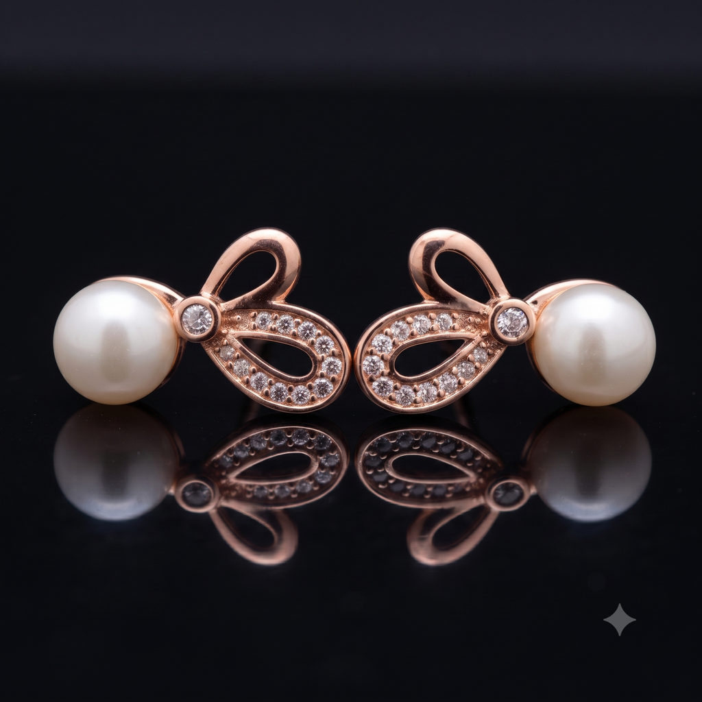 Rose Gold Pearl Bow Stud Earrings