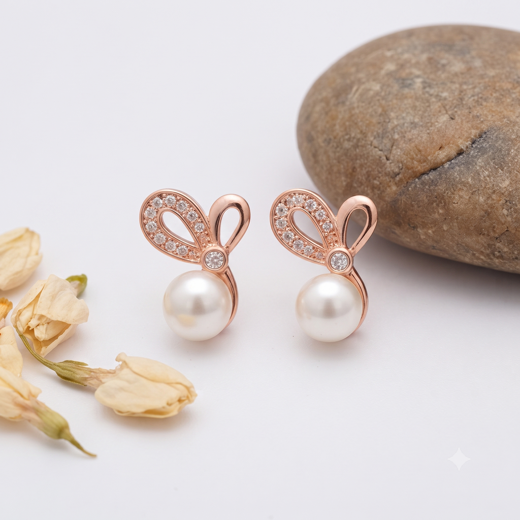 Rose Gold Pearl Bow Stud Earrings