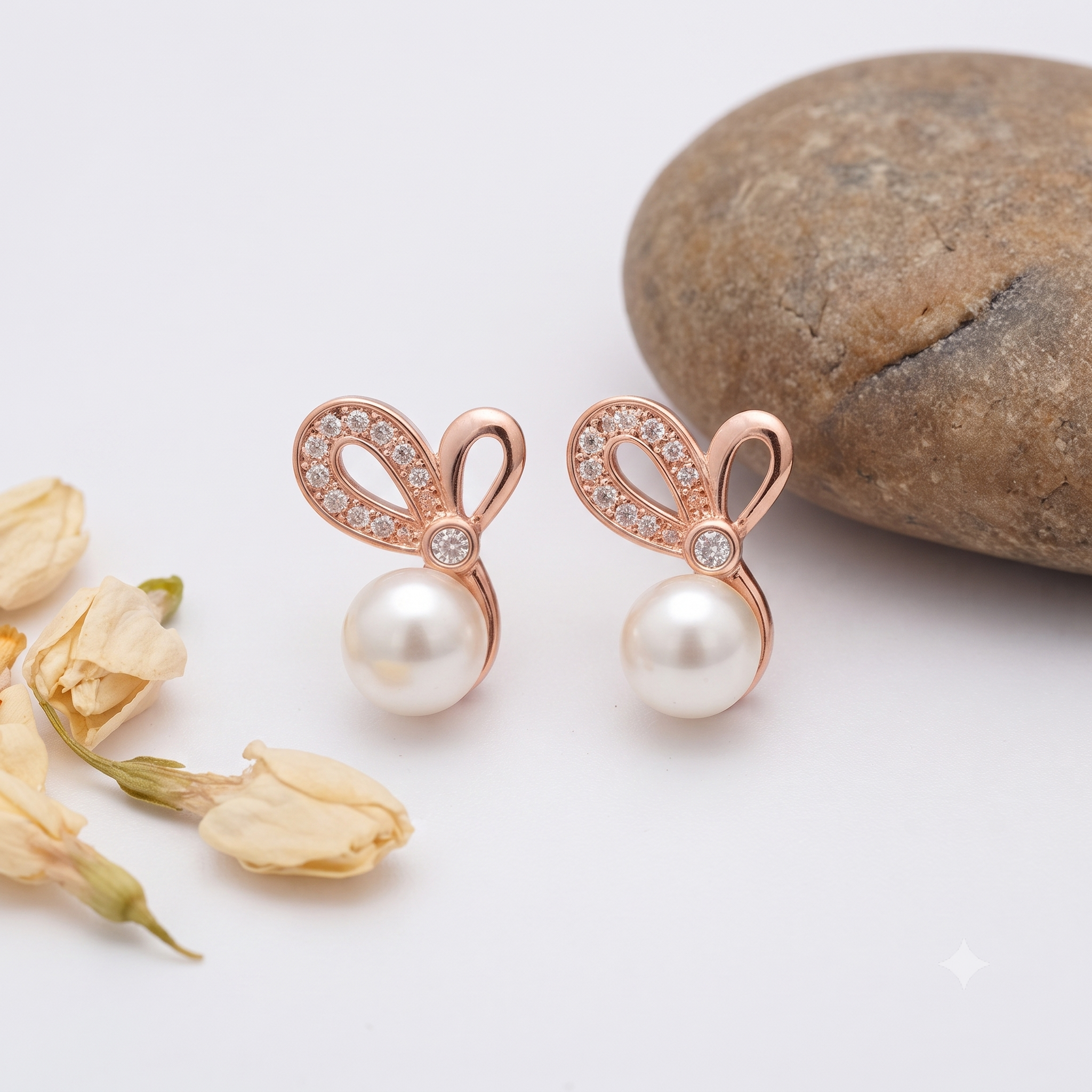 Rose Gold Pearl Bow Stud Earrings
