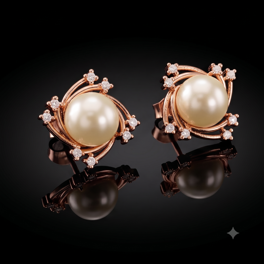 Rose Gold Pearl Halo Stud Earrings