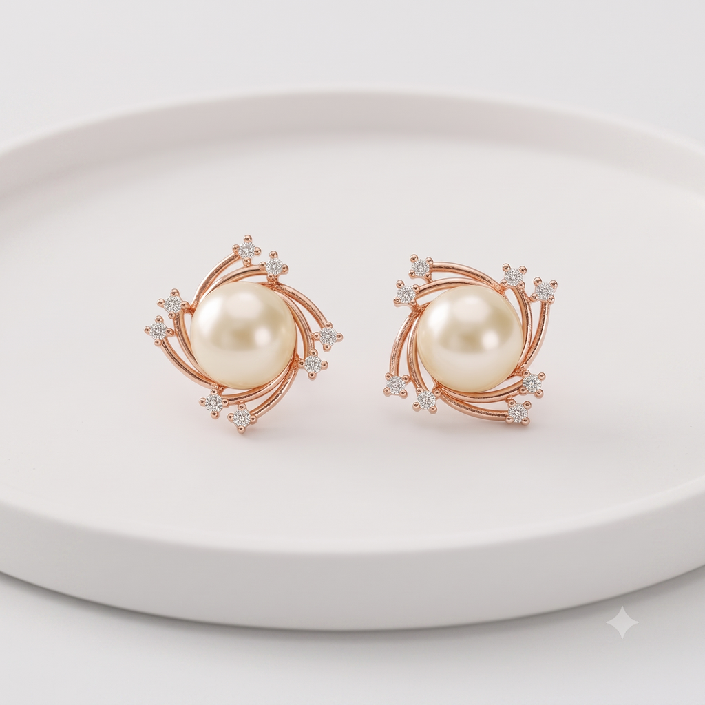 Rose Gold Pearl Halo Stud Earrings