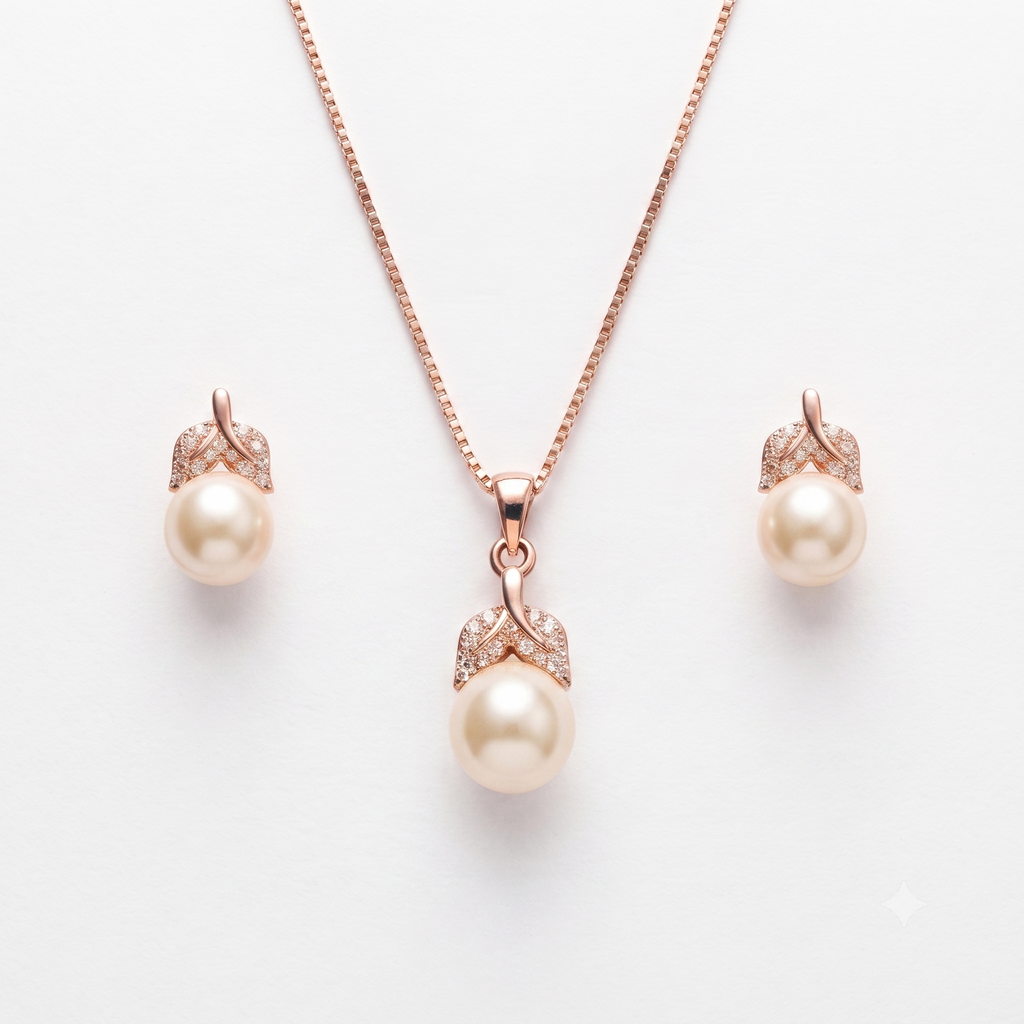 Rose Gold Pearl Drop Necklace & Earrings Set