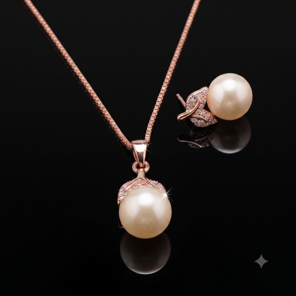 Rose Gold Pearl Drop Necklace & Earrings Set