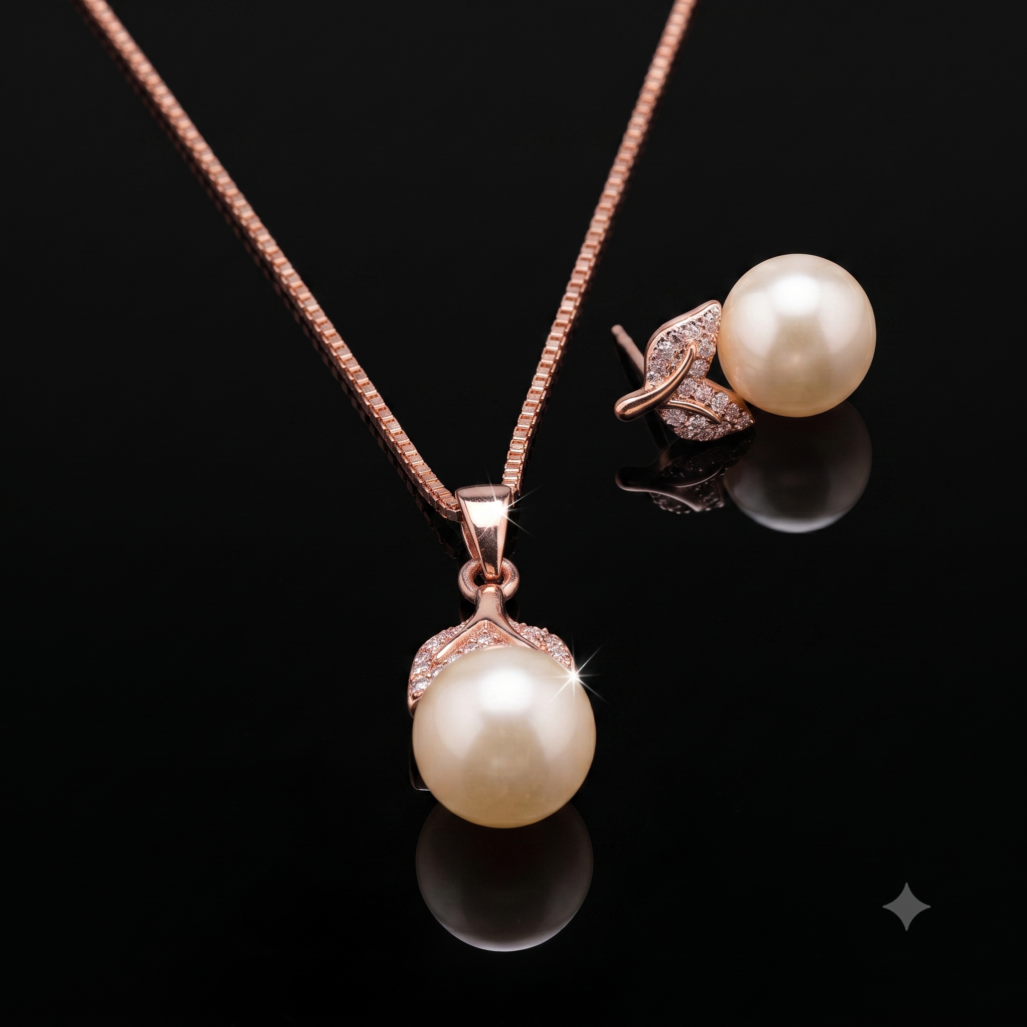 Rose Gold Pearl Drop Necklace & Earrings Set