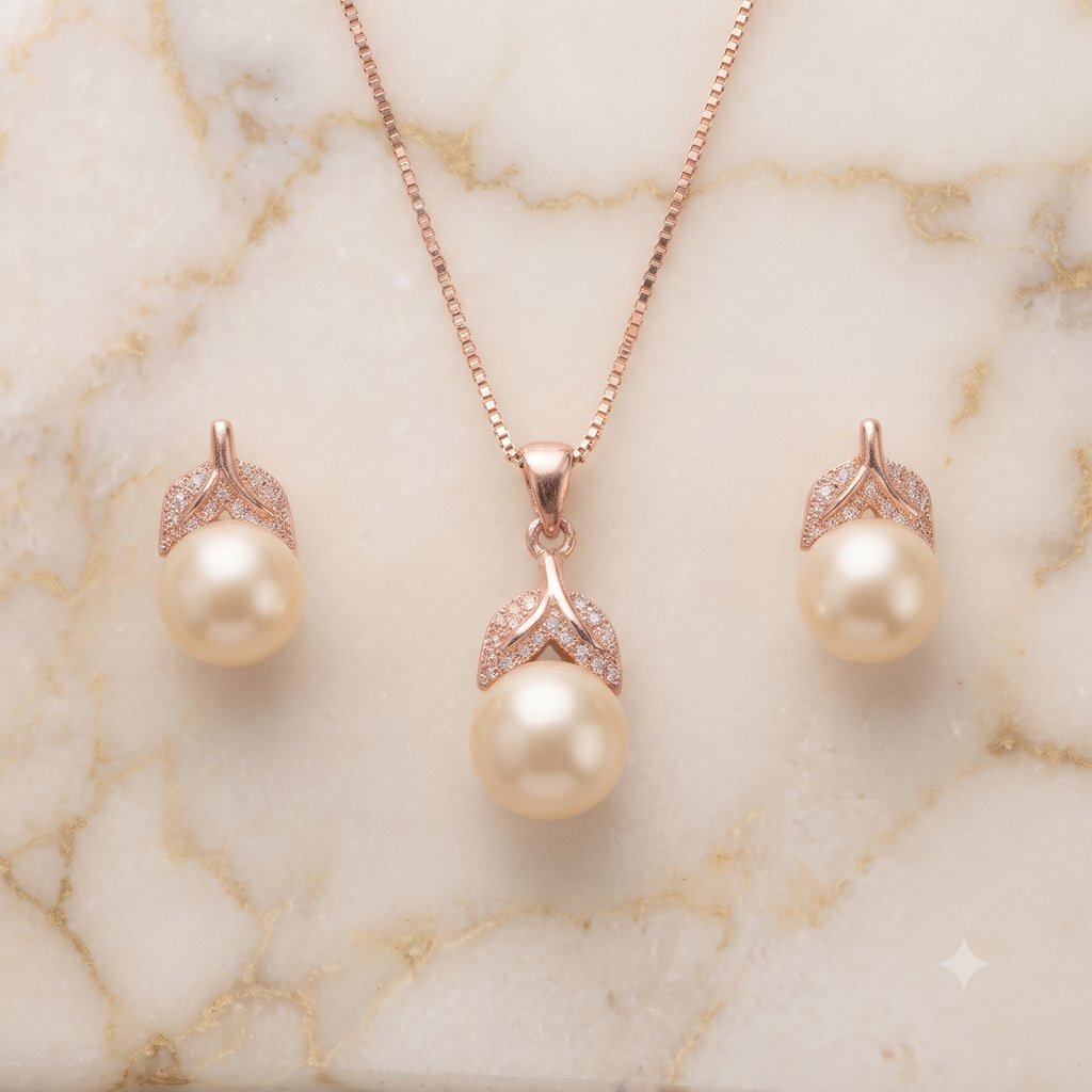 Rose Gold Pearl Drop Necklace & Earrings Set