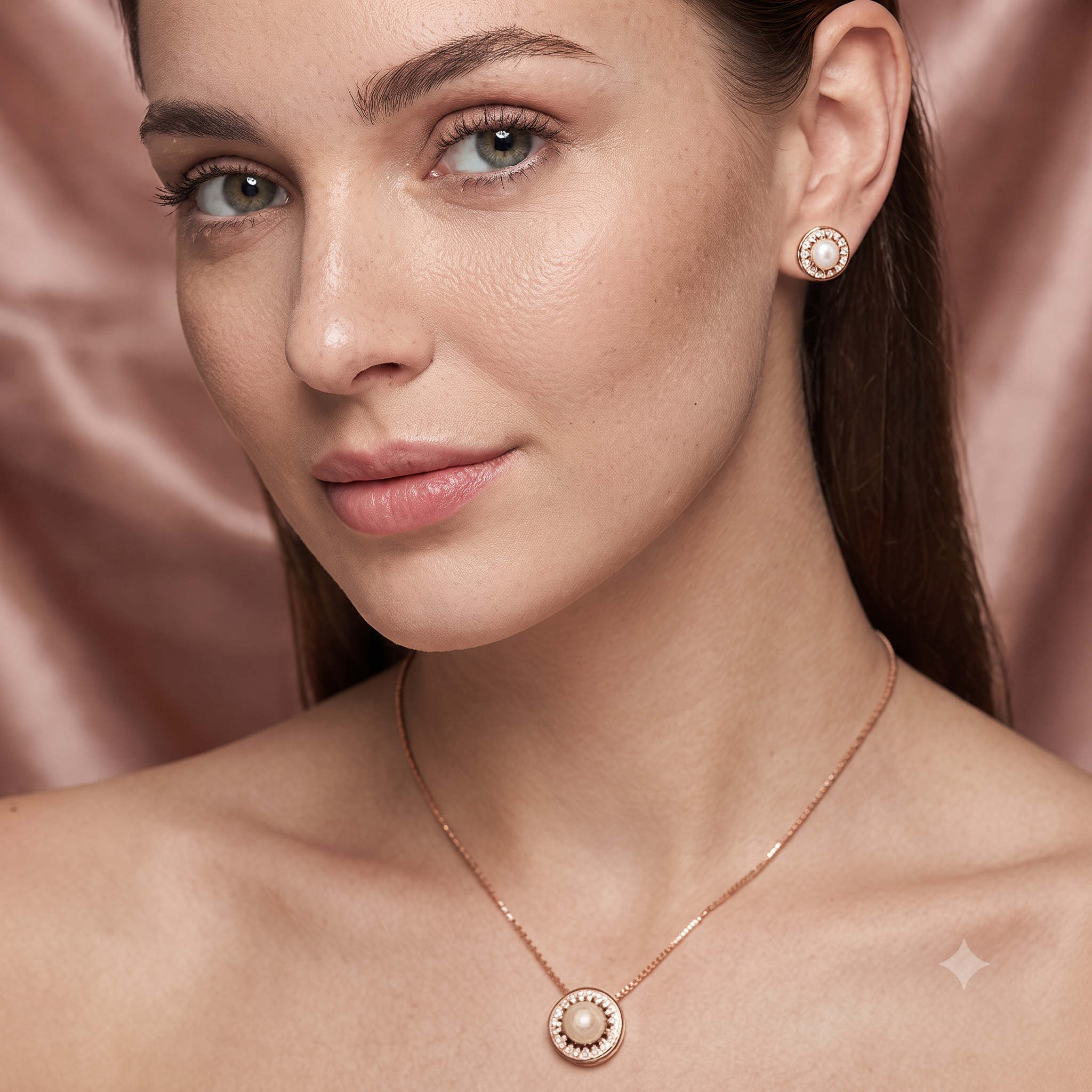 Rose Gold Pearl Halo Jewelry Set