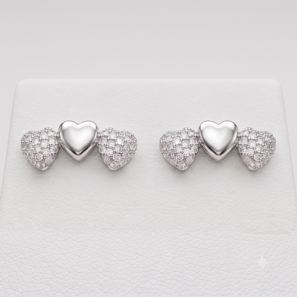 Silver Triple Heart Stud Earrings