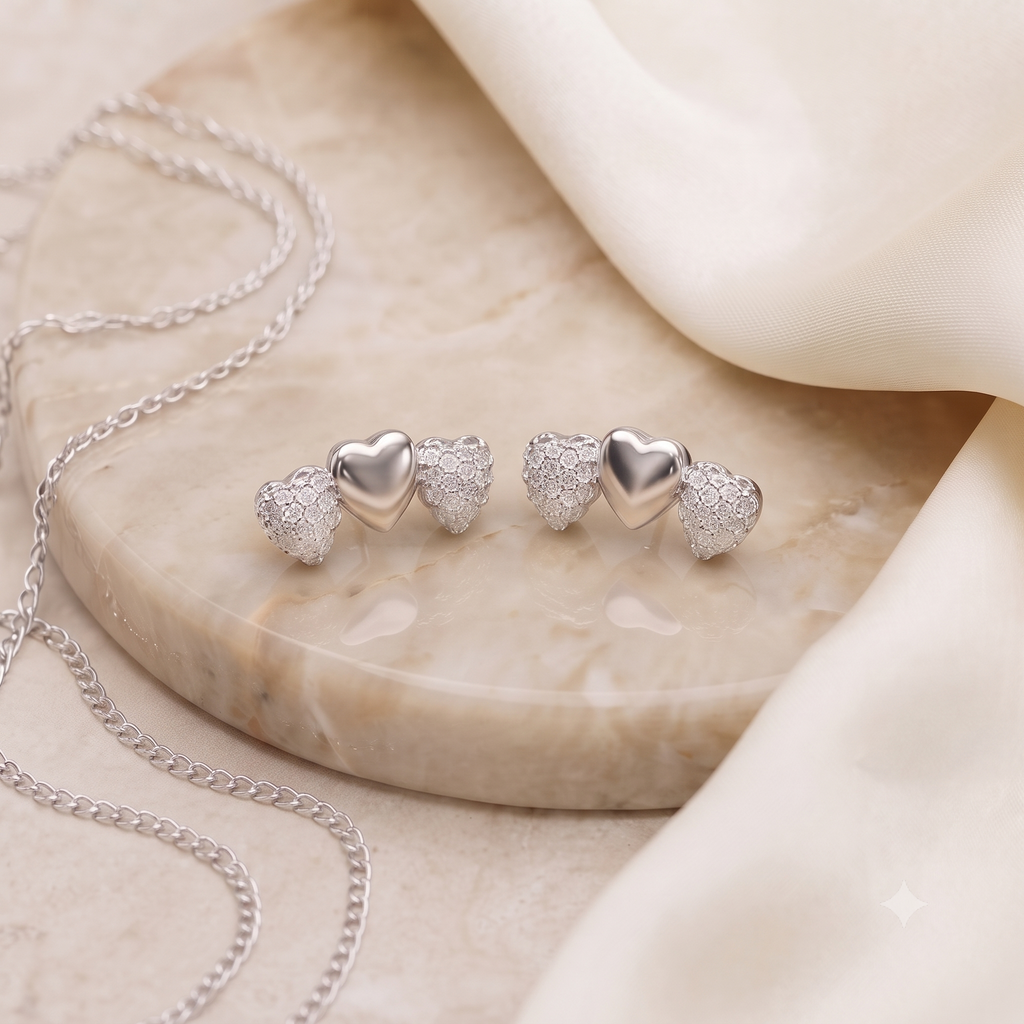 Silver Triple Heart Stud Earrings