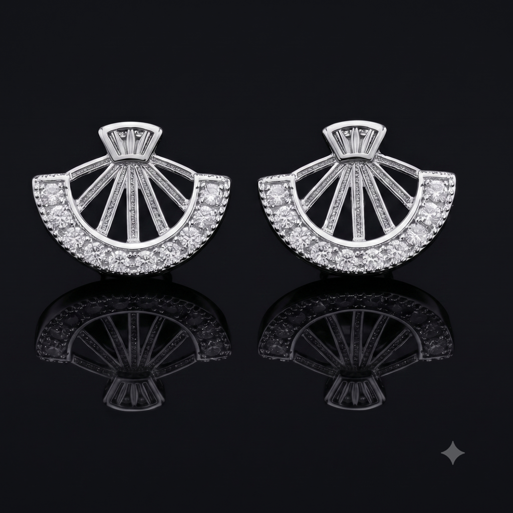 Silver Fan Crystal Stud Earrings