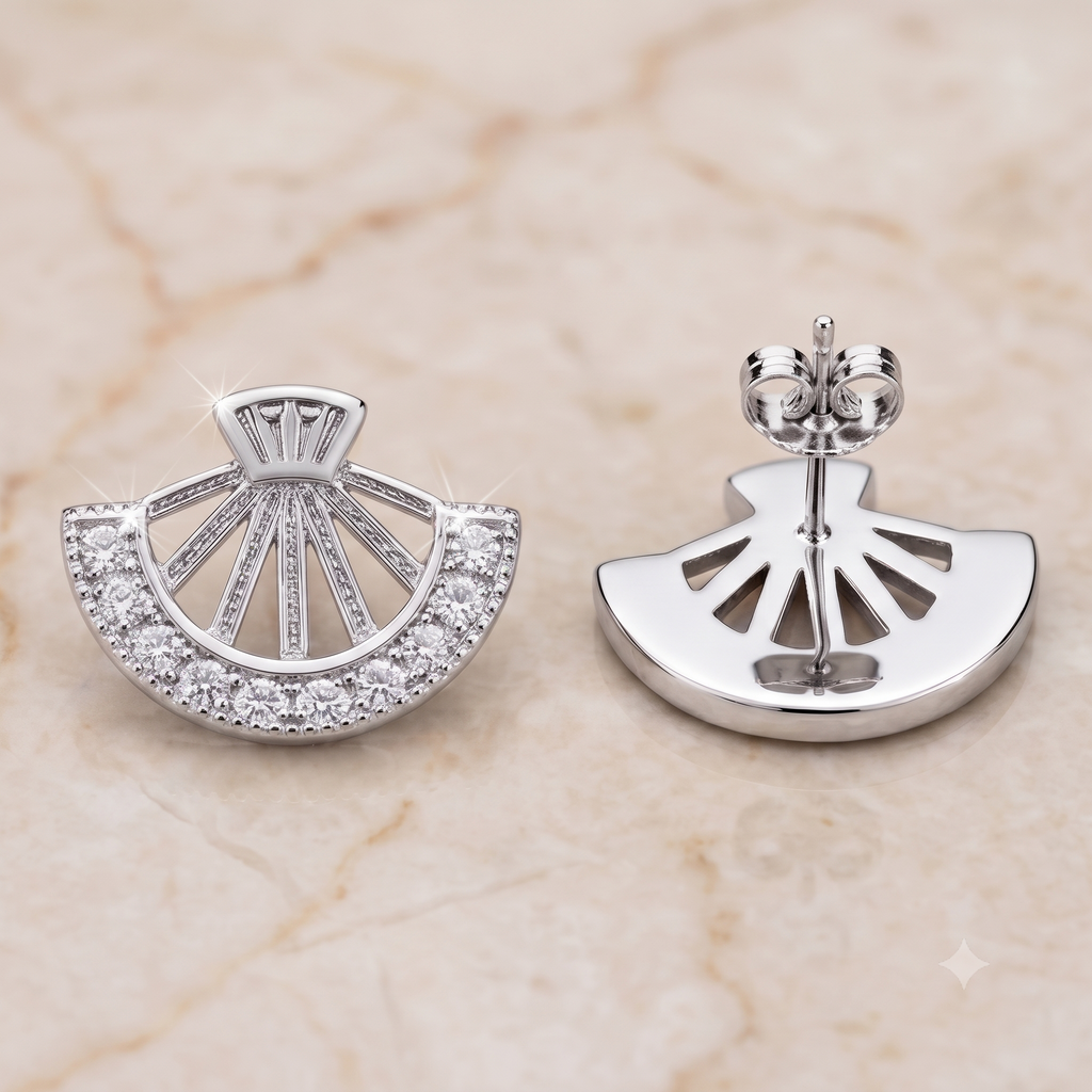 Silver Fan Crystal Stud Earrings