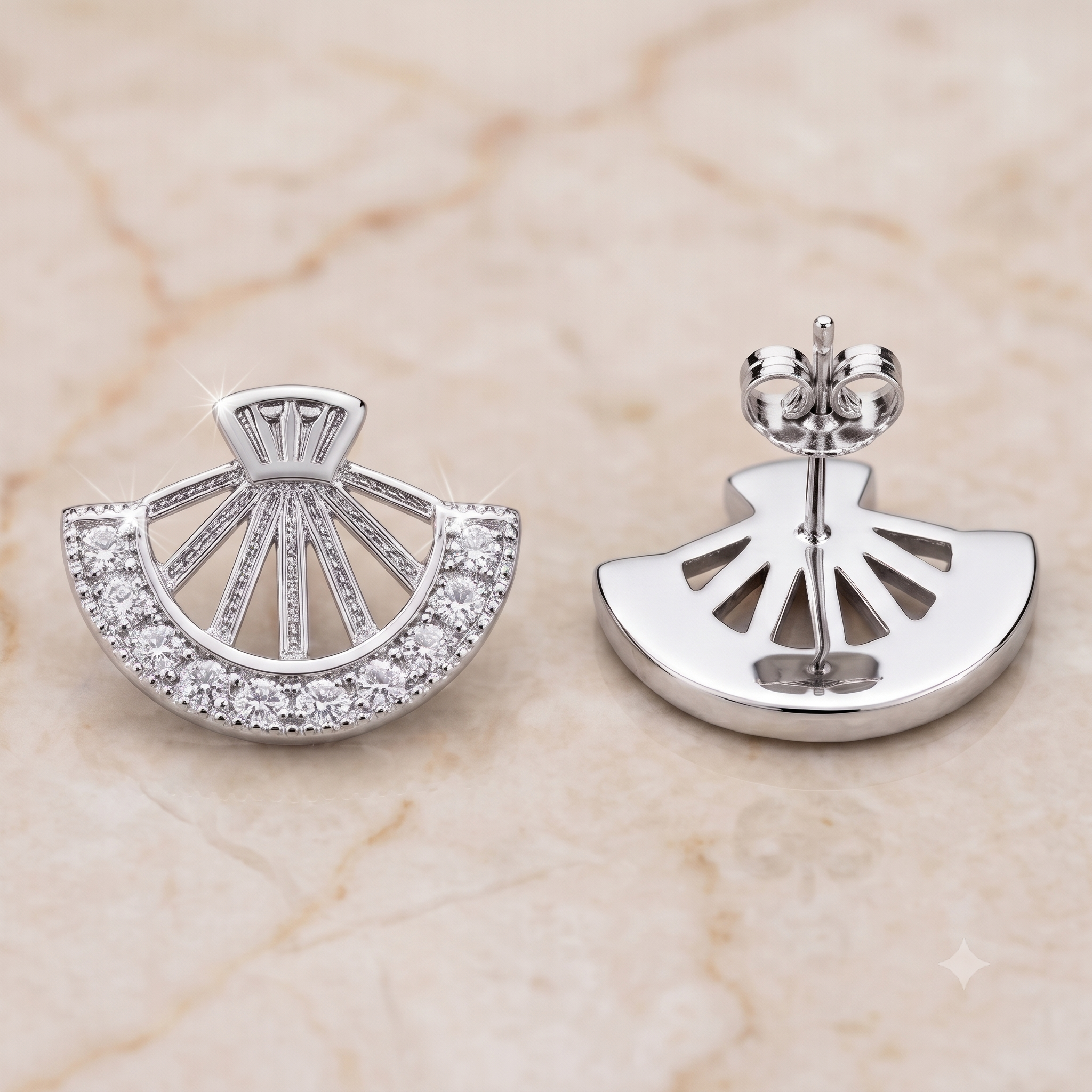 Silver Fan Crystal Stud Earrings