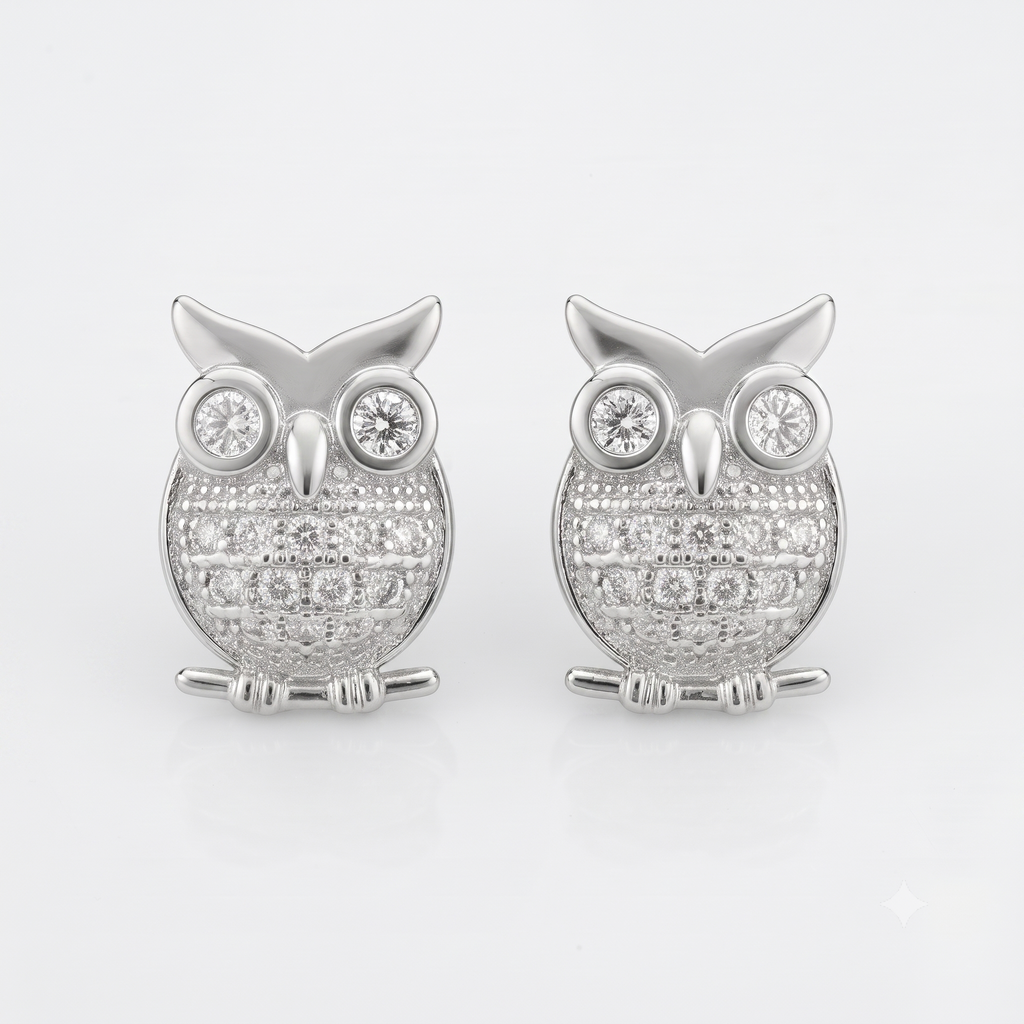Silver Owl Crystal Stud Earrings