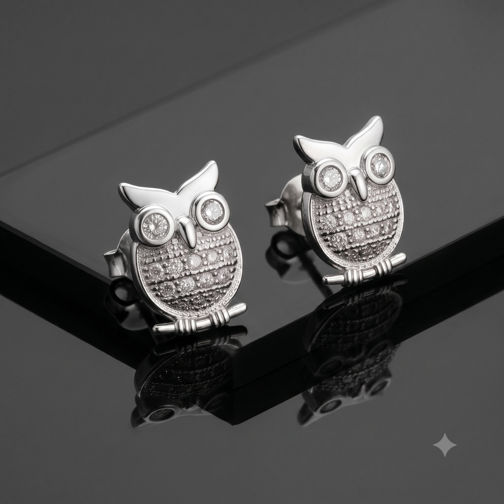 Silver Owl Crystal Stud Earrings