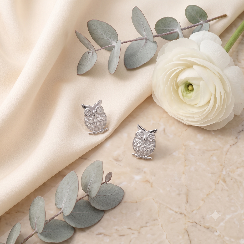 Silver Owl Crystal Stud Earrings