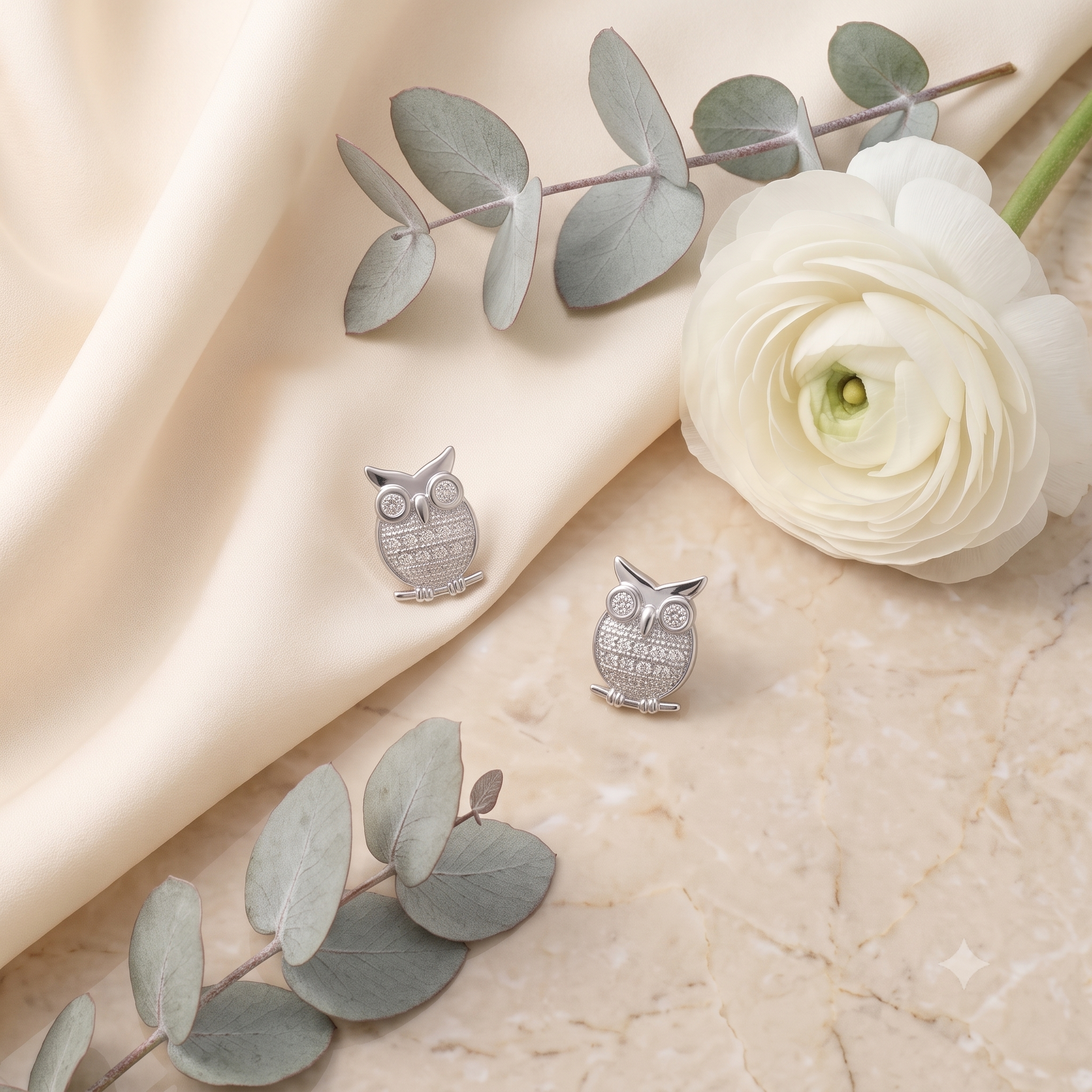 Silver Owl Crystal Stud Earrings