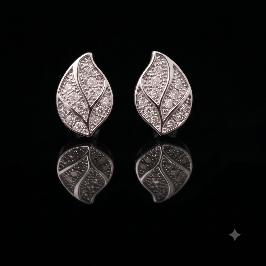 Silver Leaf Crystal Stud Earrings