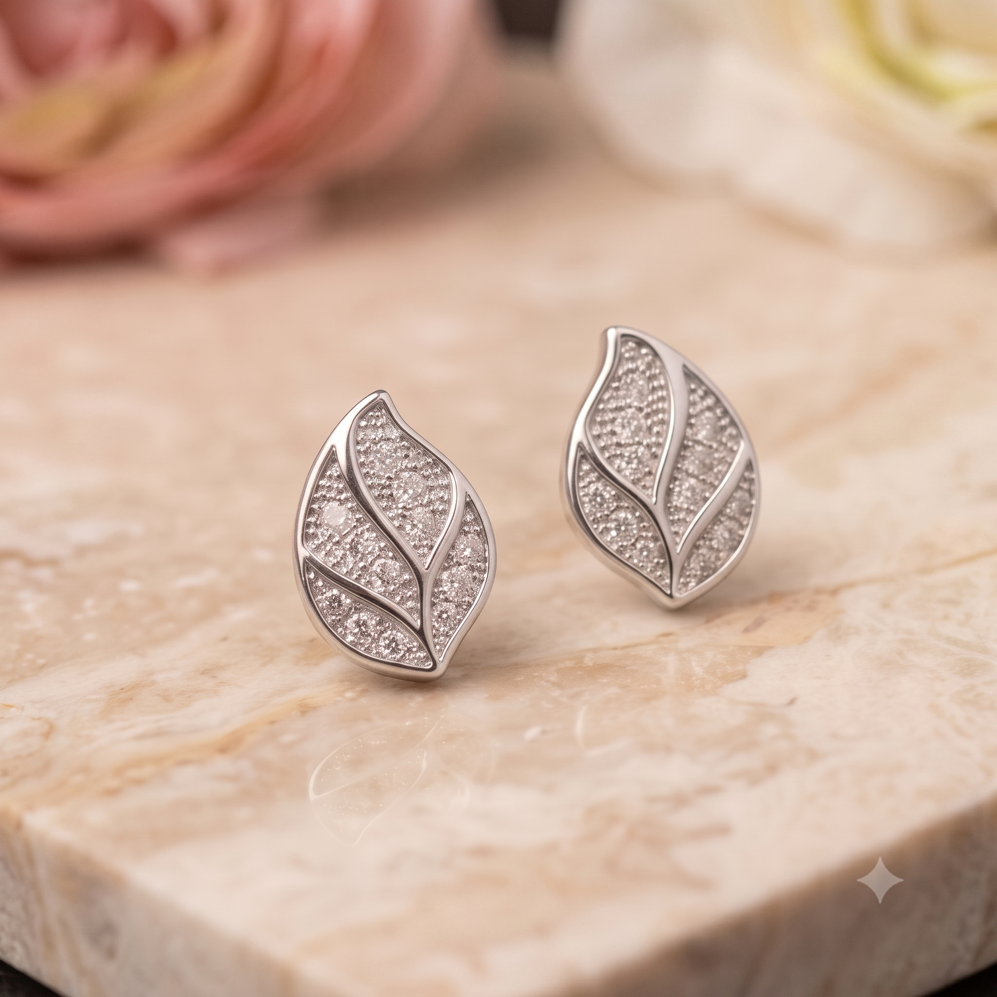 Silver Leaf Crystal Stud Earrings
