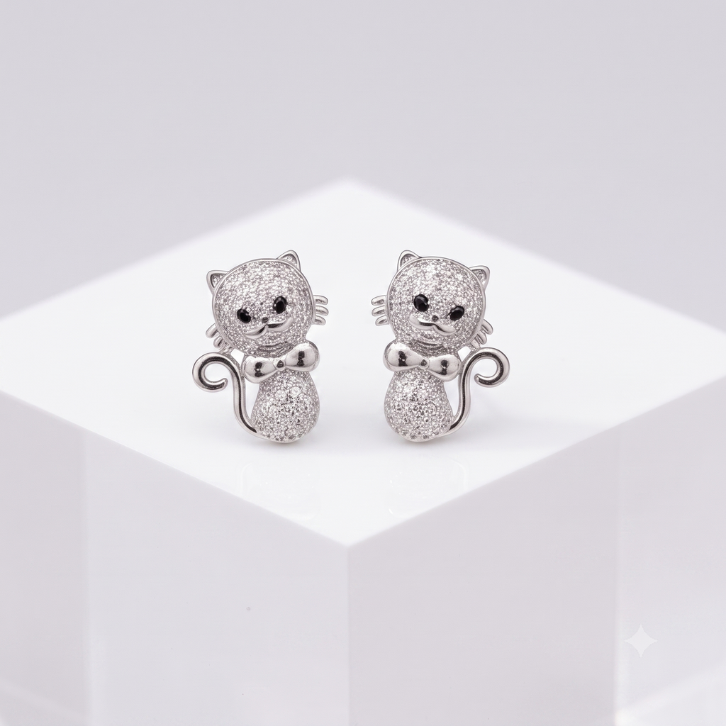 Silver Cat Crystal Stud Earrings