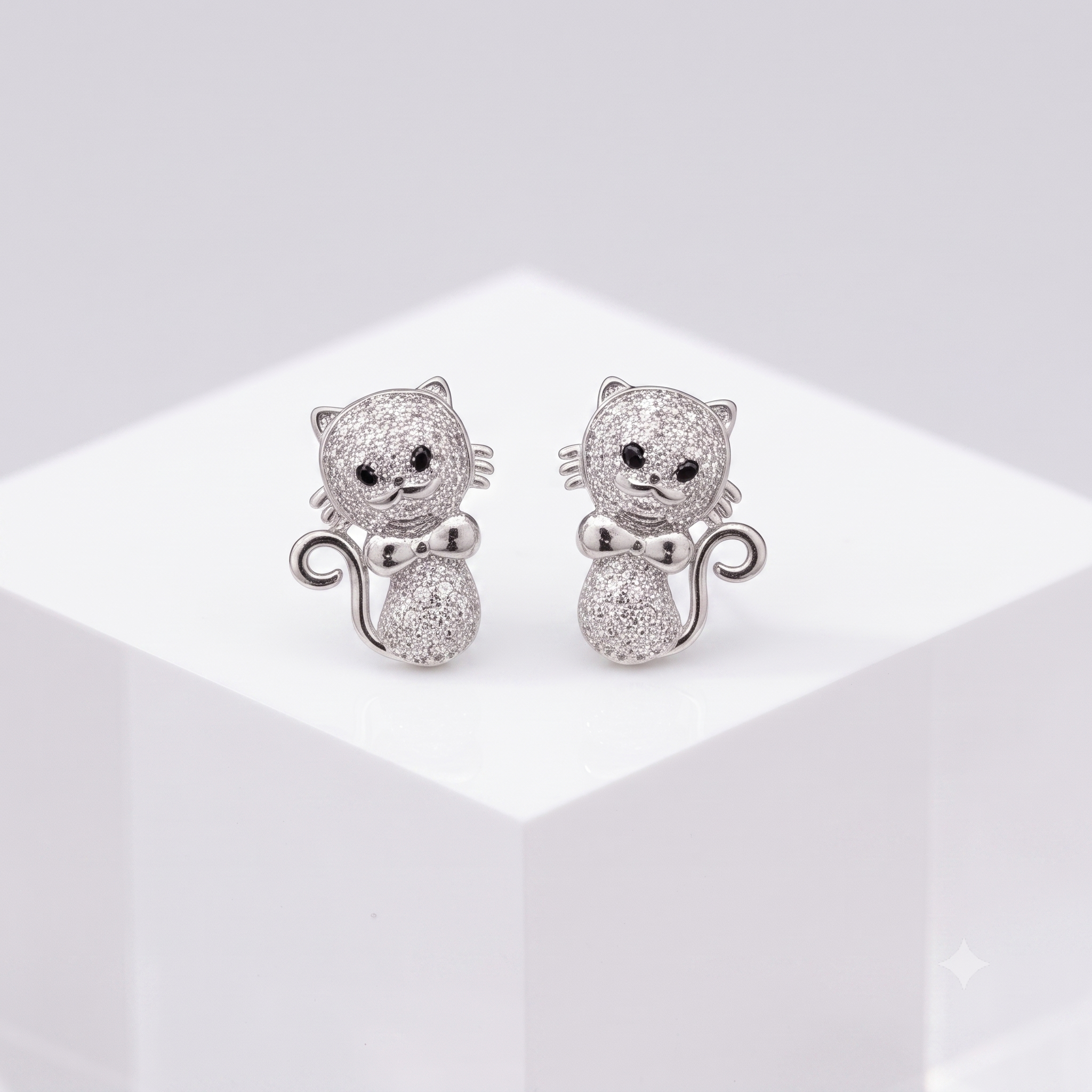 Silver Cat Crystal Stud Earrings