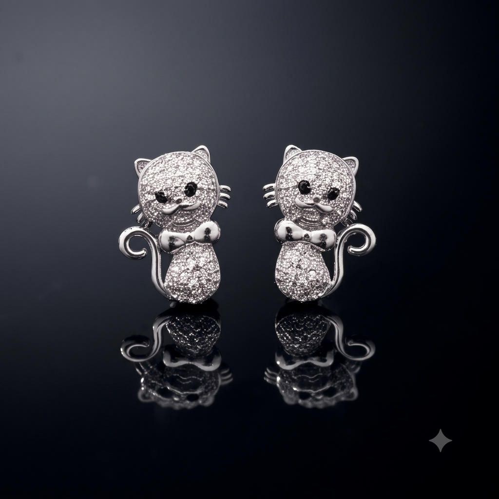 Silver Cat Crystal Stud Earrings