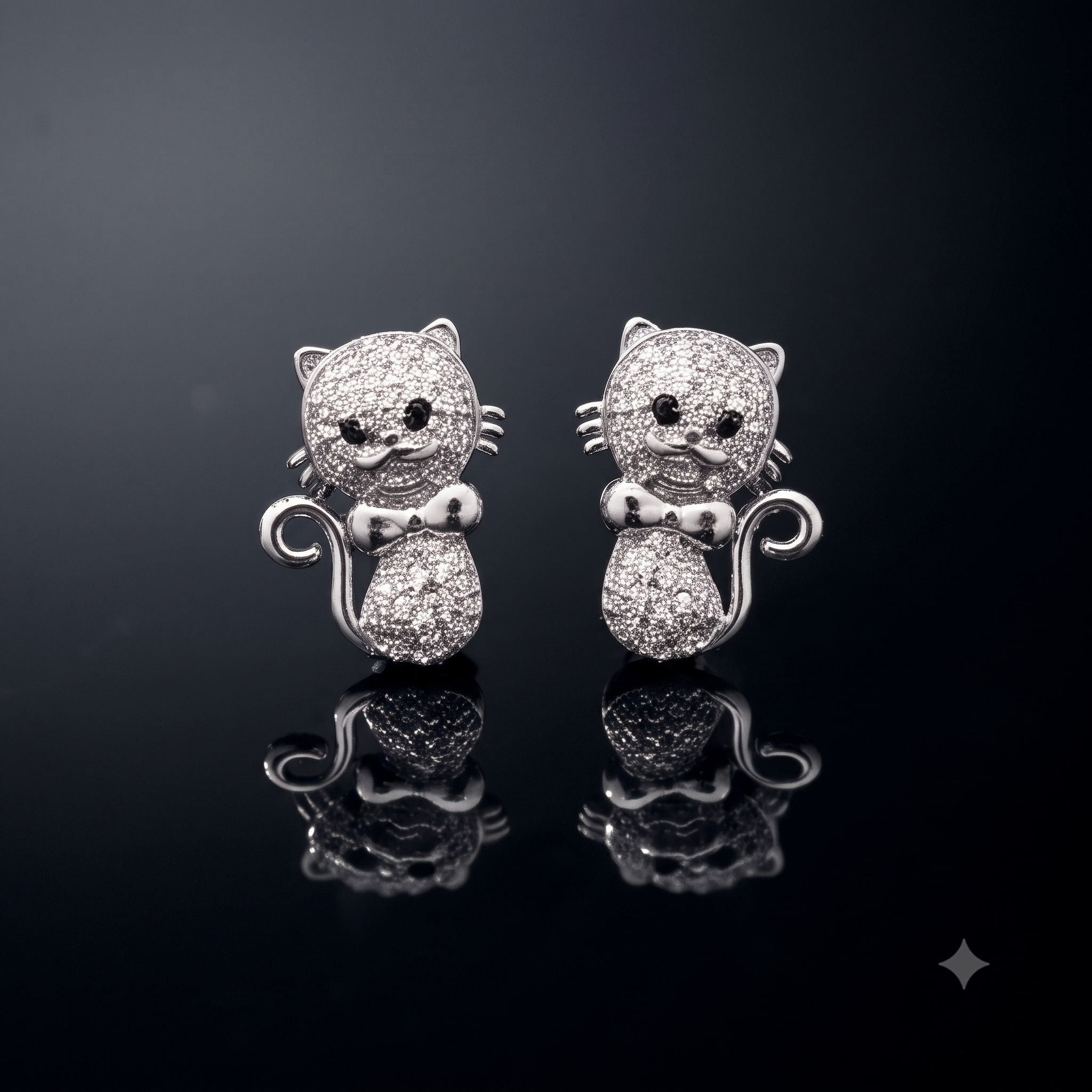 Silver Cat Crystal Stud Earrings