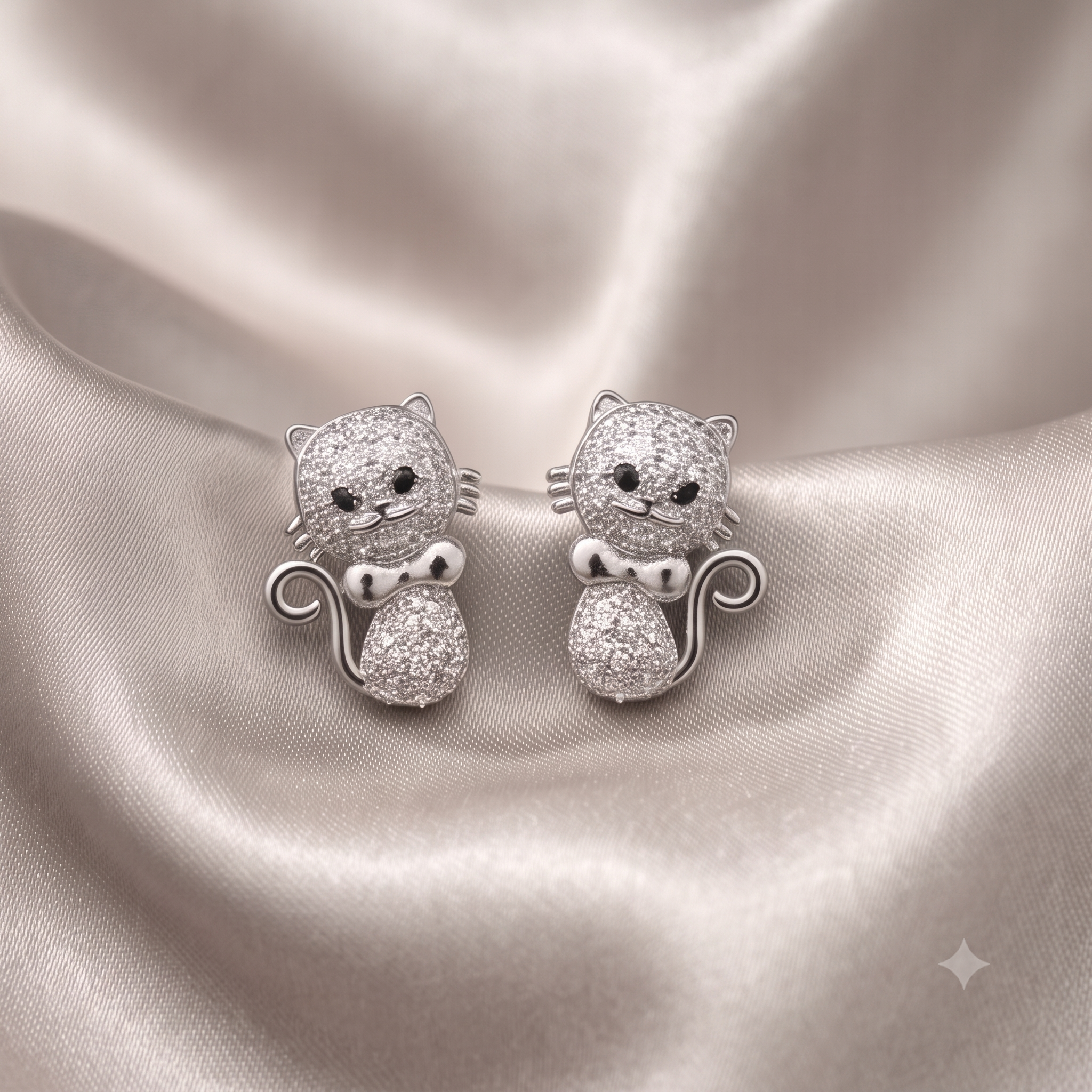 Silver Cat Crystal Stud Earrings