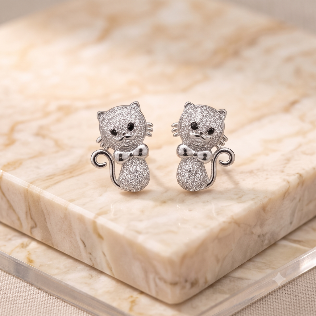 Silver Cat Crystal Stud Earrings