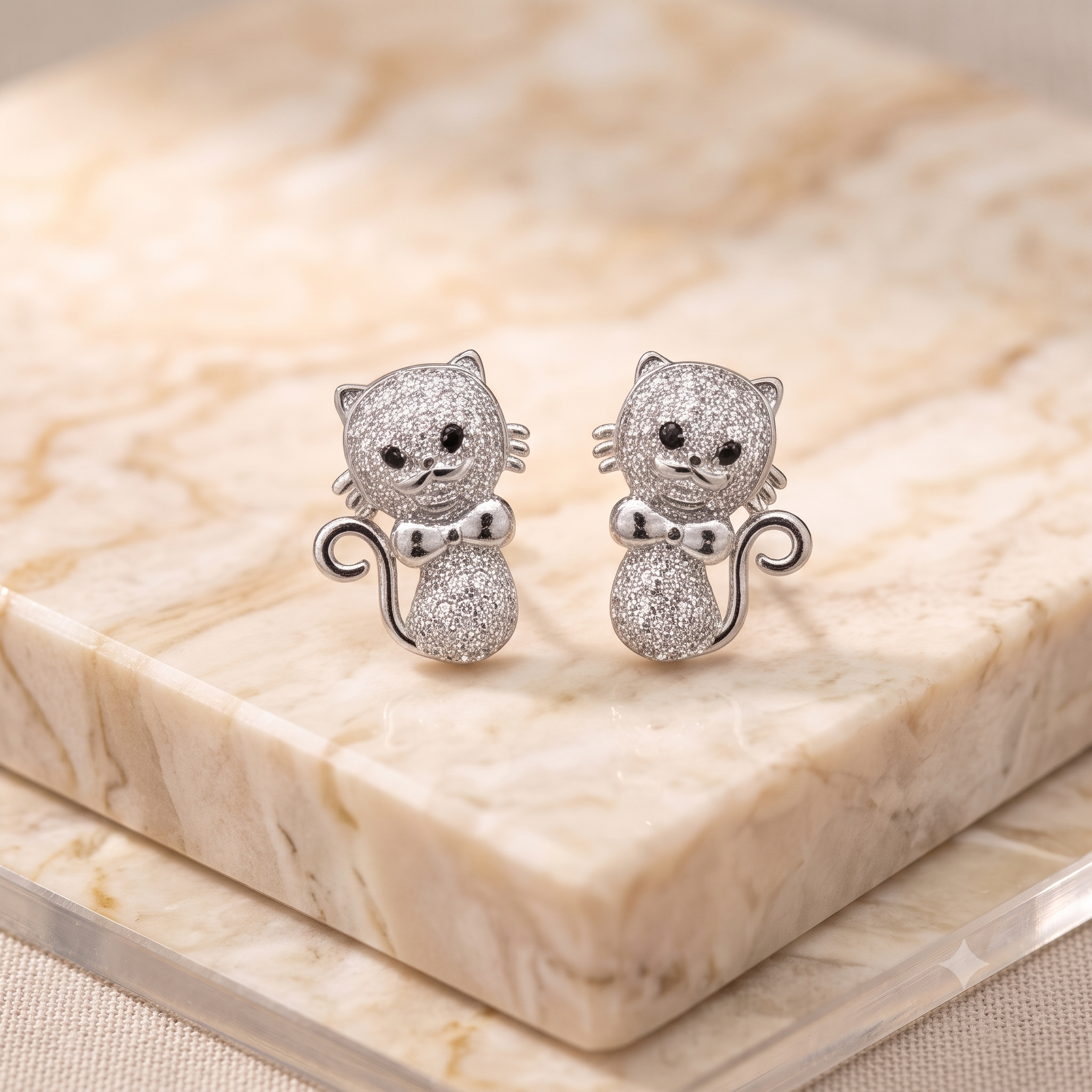 Silver Cat Crystal Stud Earrings