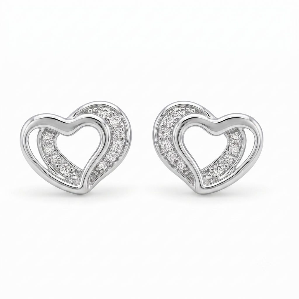 Silver Double Heart Crystal Stud Earrings