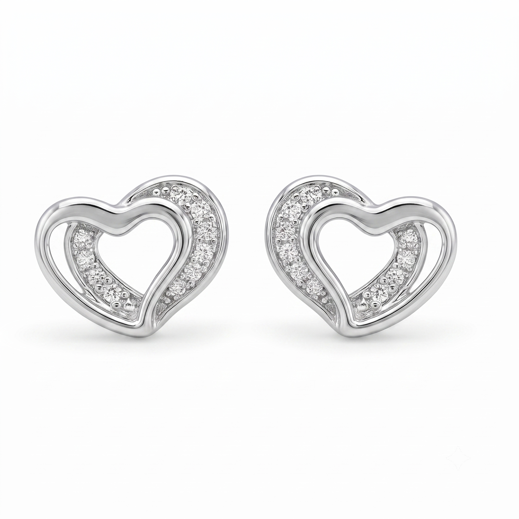 Silver Double Heart Crystal Stud Earrings