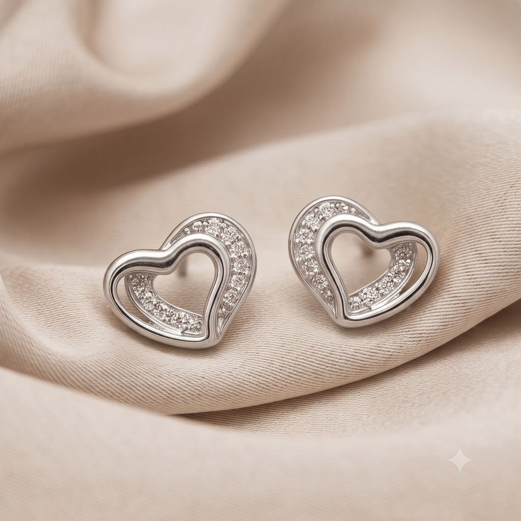 Silver Double Heart Crystal Stud Earrings