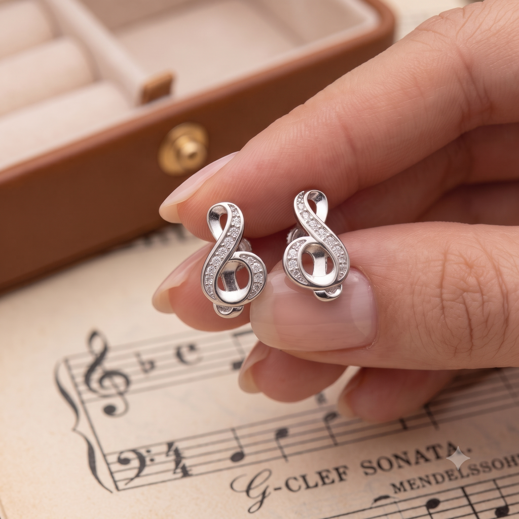 Treble Clef Diamond Stud Earrings