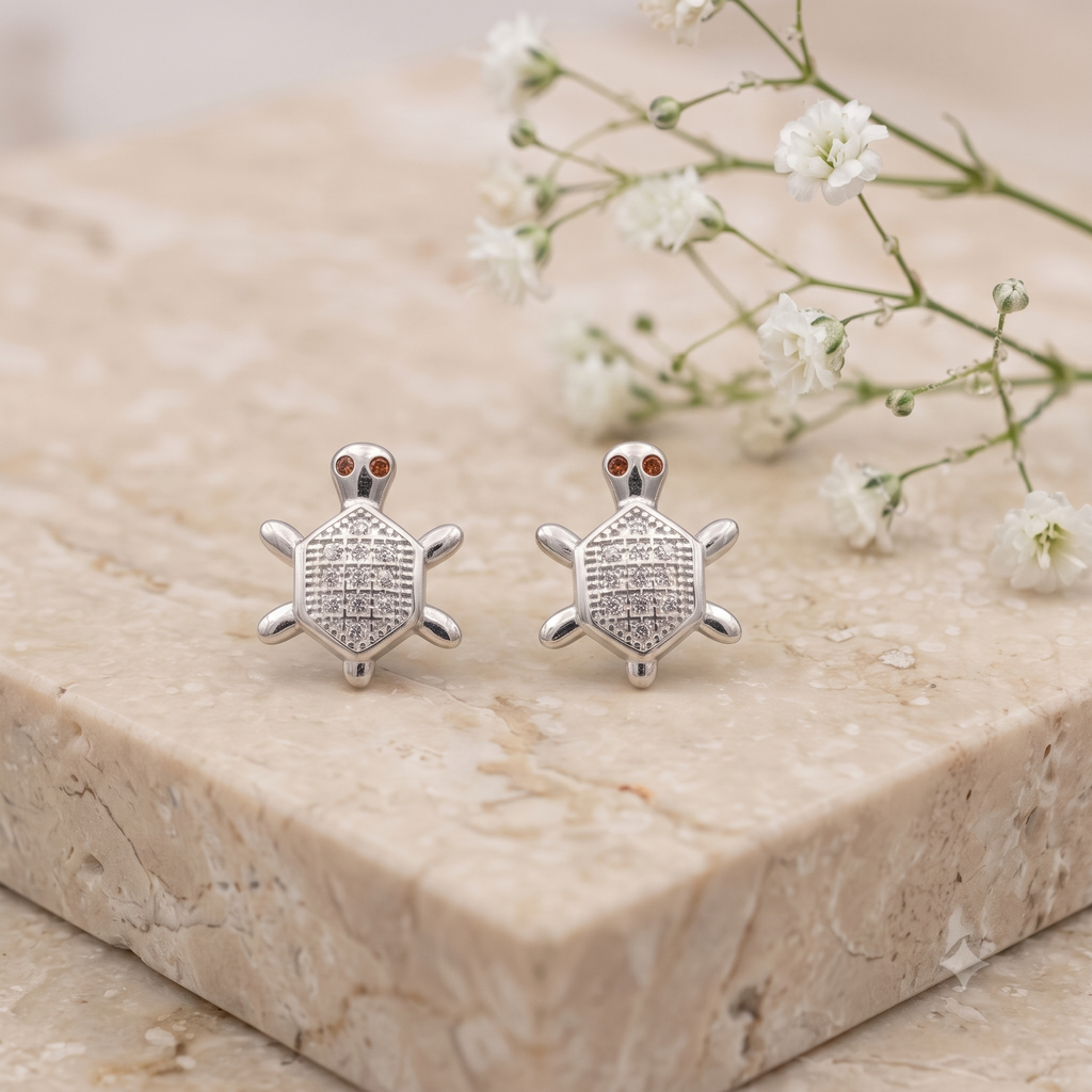 Silver Turtle Crystal Stud Earrings