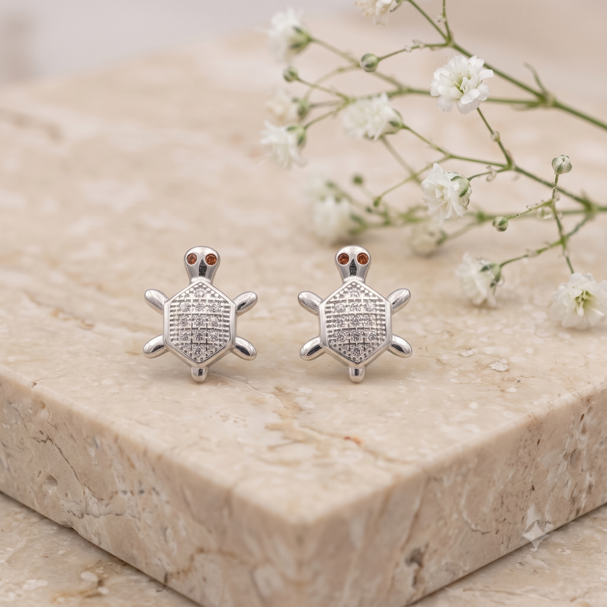 Silver Turtle Crystal Stud Earrings