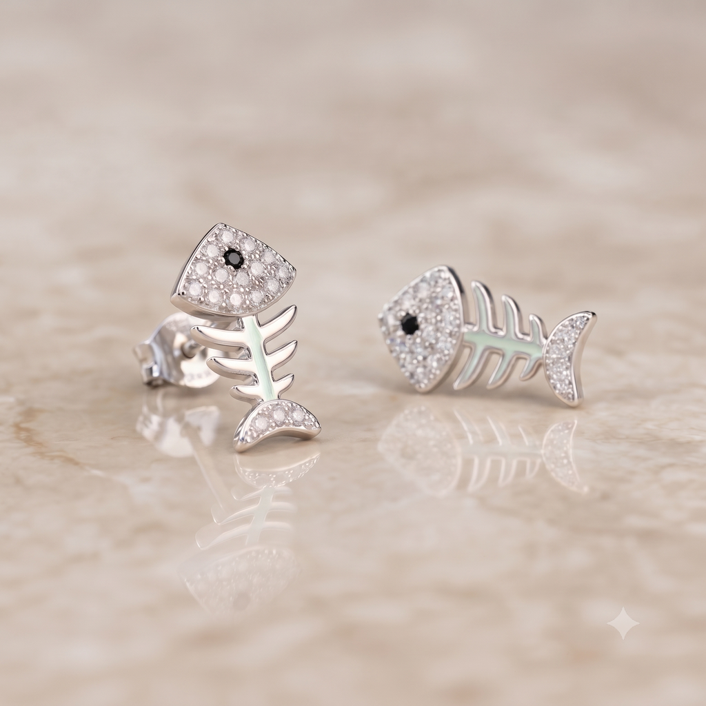 Silver Fishbone Stud Earrings